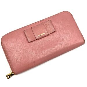 MIU MIU ROSE PINK LEATHER BOW GOLD ZIP AROUND LARGE LONG WALLET CARD CASH BAG